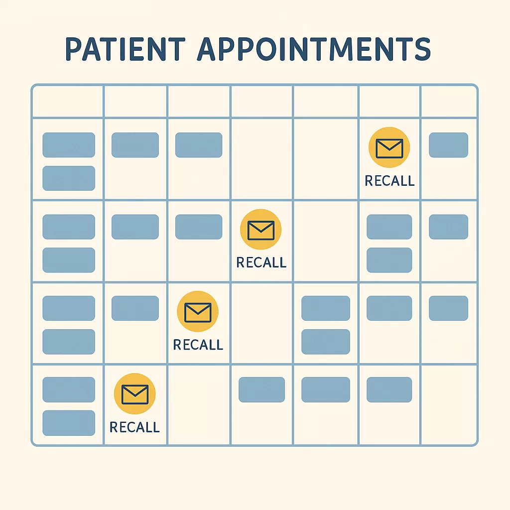 Graphic showing how patient recall processes stabilize visits and prevent empty appointment slots.