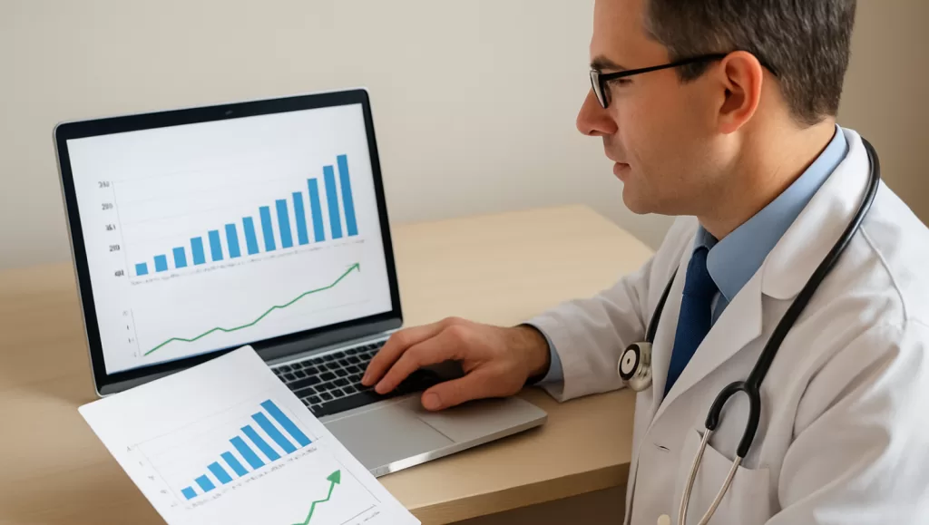 Doctor reviewing medical billing reports showing how recalls increase practice revenue.