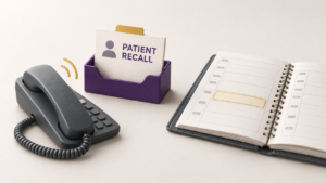Healthcare Operations & Practice Management Blog | Integral Clinic Solutions 4 Patient recall system illustration with a recall card, office phone, and an open appointment book with an empty time slot.