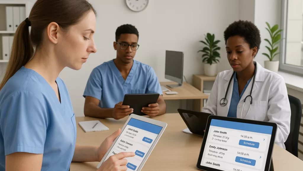 Medical staff using a patient recall system on digital devices to organize follow-up care and appointments.