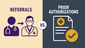 Healthcare Operations & Practice Management Blog | Integral Clinic Solutions 3 An infographic comparing Prior Authorizations and Referrals, showing an icon of doctors and a patient on the left and a medical document with a checkmark on the right.