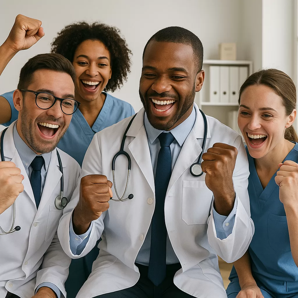 Medical team celebrating positive patient feedback results