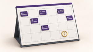 Calendar illustration showing recurring practice tasks and a pending payment marker for value-based care planning.