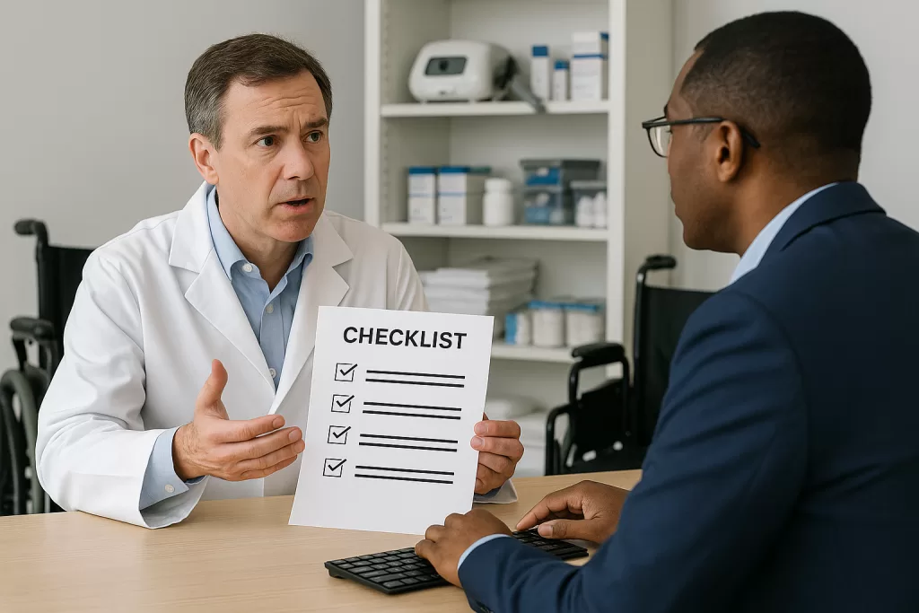 Office manager reviewing a checklist while evaluating a durable medical equipment supplier for patient referrals