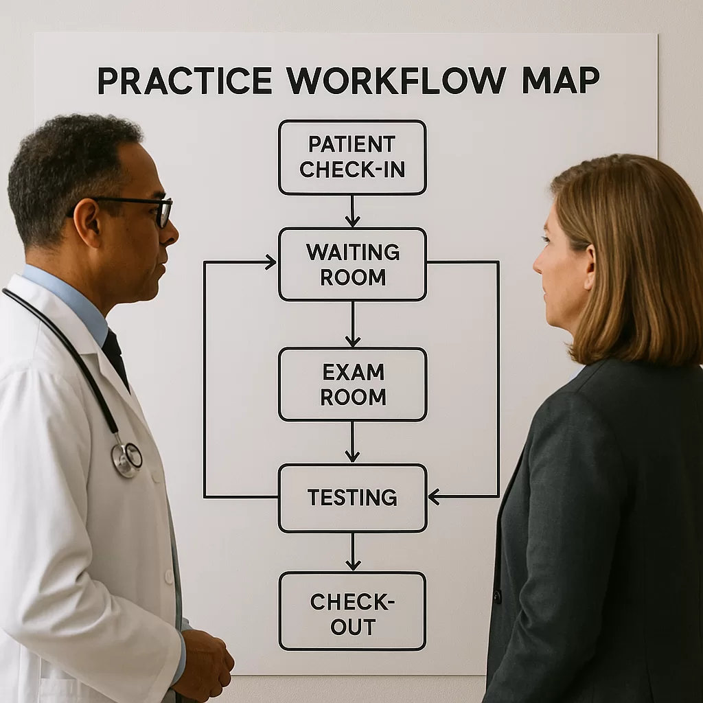 Build a Workflow Map to Streamline Your Medical Practice 1 Two medical professionals reviewing a large clinic workflow chart with arrows connecting tasks.