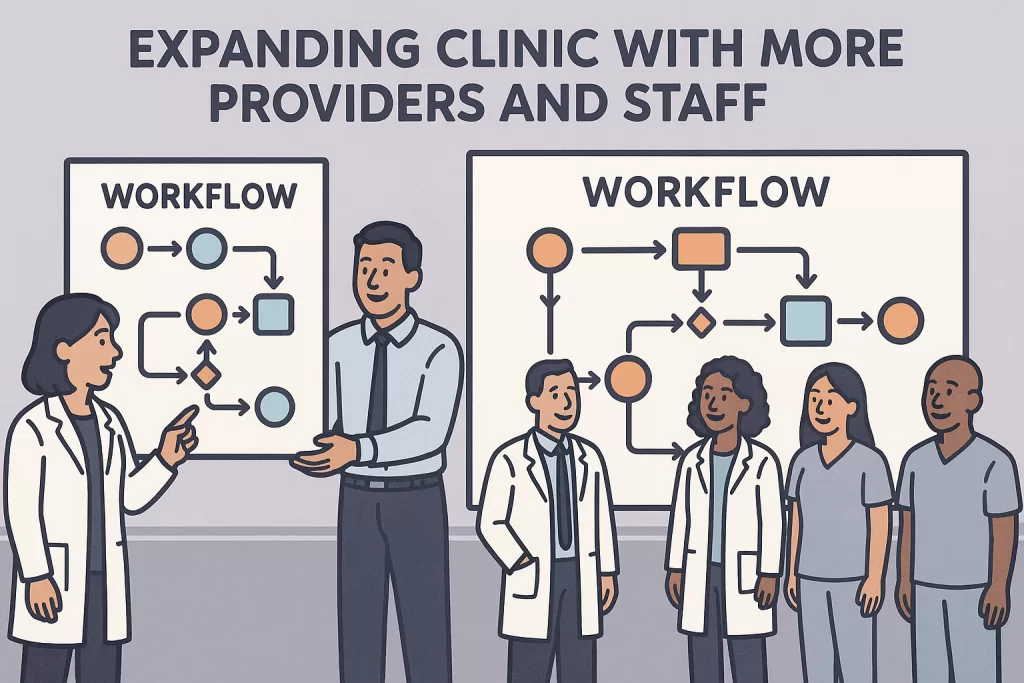 Build a Workflow Map to Streamline Your Medical Practice 7 Expanding clinic layout with duplicated workflow maps across multiple teams.