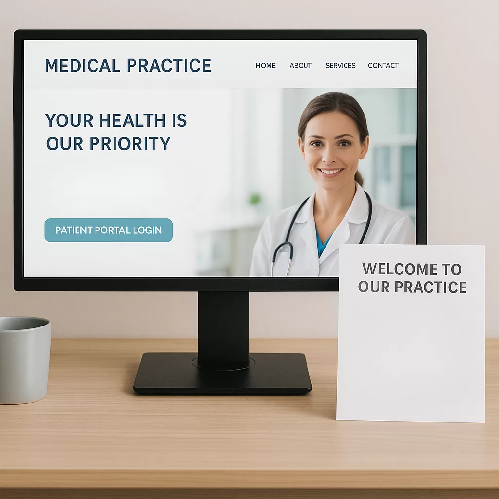 A desktop screen showing a medical practice homepage with a visible &ldquo;Patient Portal Login&rdquo; button, alongside printed instructions or a welcome packet.