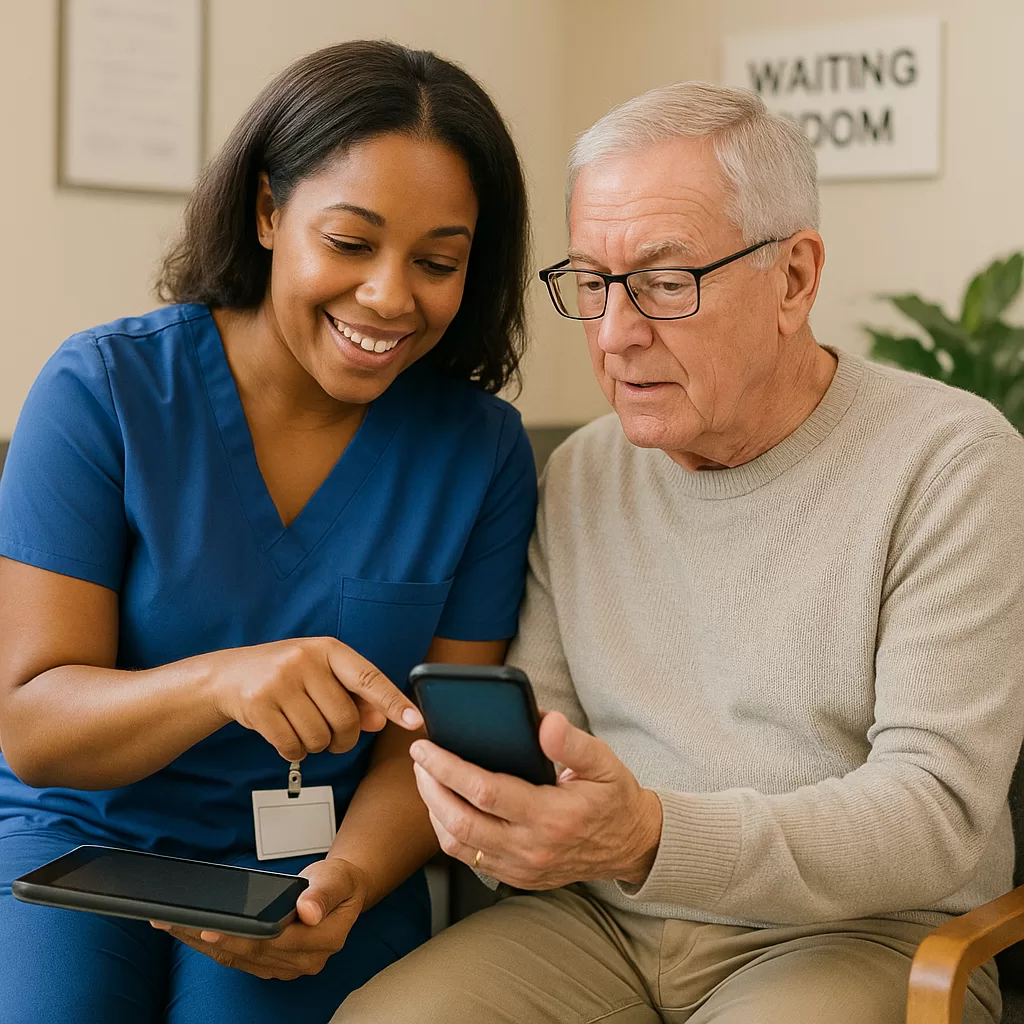A medical assistant explaining the patient portal benefits to a senior patient using a tablet in a clinic waiting room.