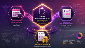 Healthcare Operations & Practice Management Blog | Integral Clinic Solutions 5 Digital illustration of an integrated healthcare workflow showing how prior authorization connects scheduling, clinical documentation, and billing to improve medical practice efficiency.