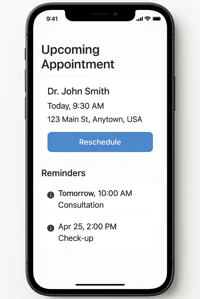 Patient using a mobile app to confirm appointment, with options for secure messaging and reminders