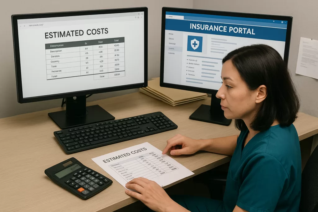 Staff member calculating tiered payment deposit based on insurance deductible