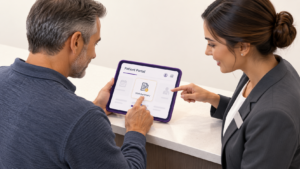 Healthcare Operations & Practice Management Blog | Integral Clinic Solutions 6 Medical practice employee helping a patient open a visit summary on a tablet through the patient portal.