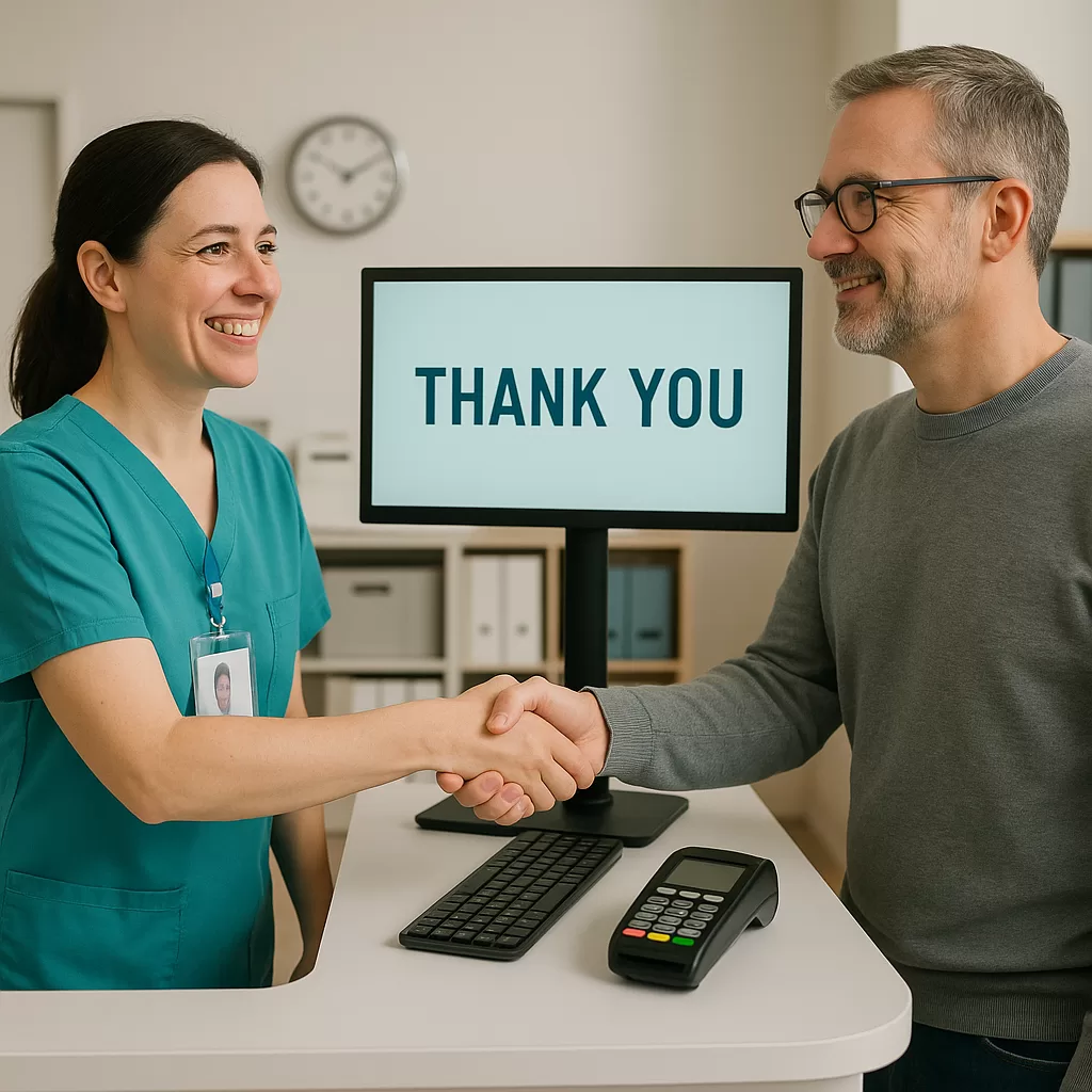 Provider and patient shaking hands at front desk after respectful billing conversation