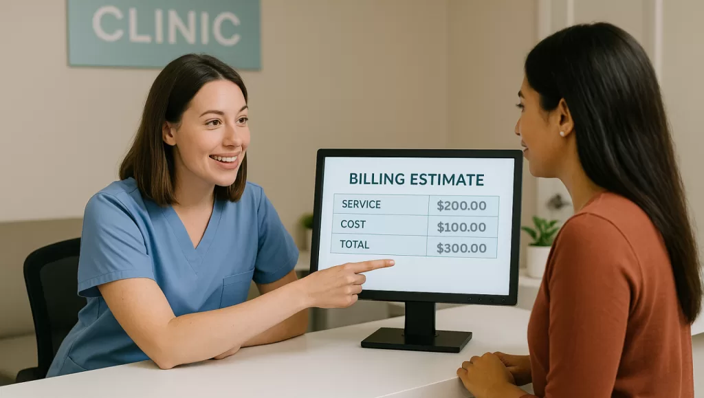 Front desk staff discussing an estimated patient payment before a medical appointment