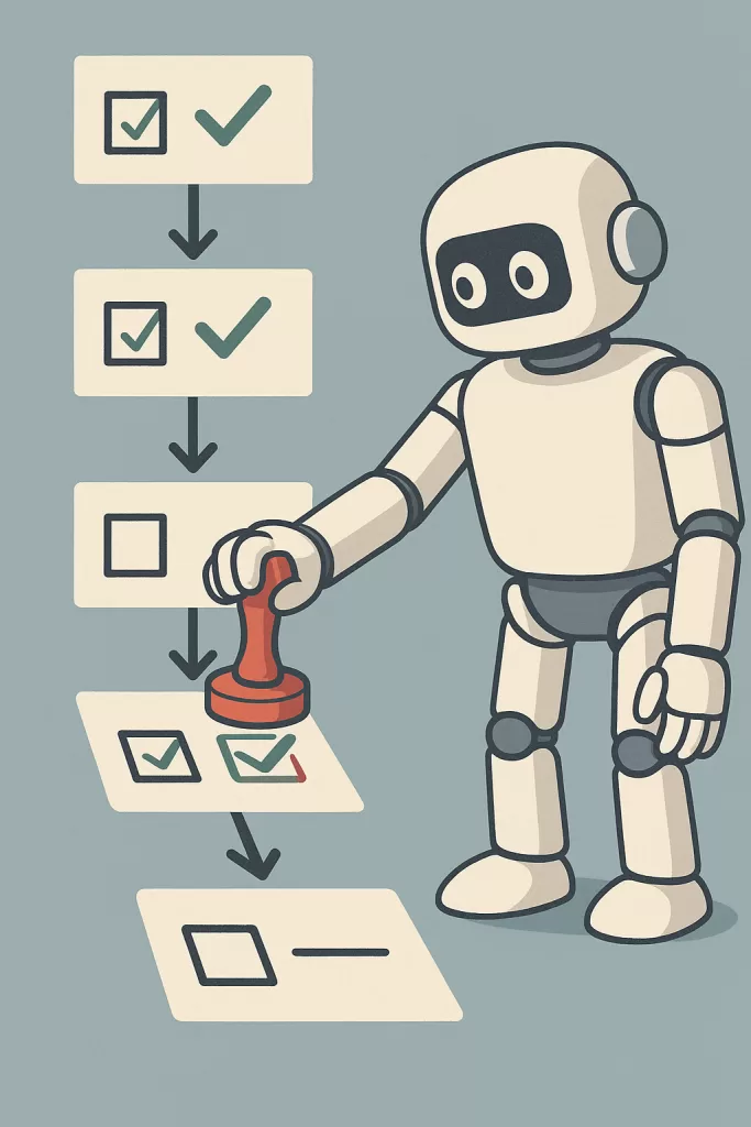 Build a Workflow Map to Streamline Your Medical Practice 4 Robot arm stamping workflow tasks while accidentally skipping one step.