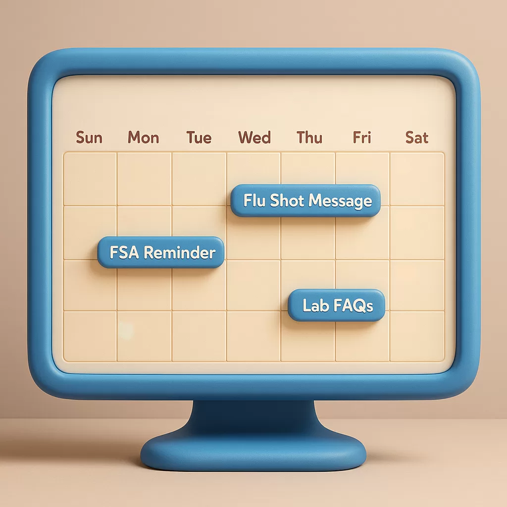 A seasonal calendar pinned to a digital dashboard with content reminders for flu shots, deductible season, and travel alerts.