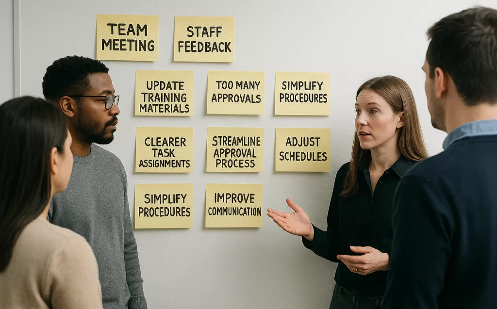 Build a Workflow Map to Streamline Your Medical Practice 5 Clinic team posting sticky notes on a wall during a feedback and update session.