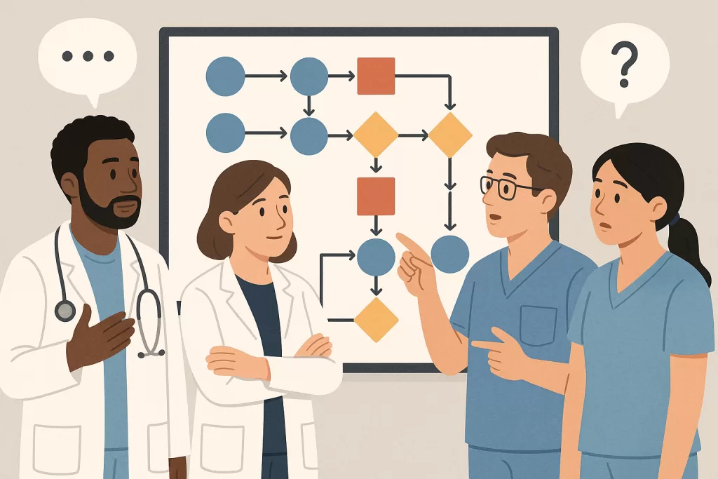 Build a Workflow Map to Streamline Your Medical Practice 3 Group of clinic staff gathered around a whiteboard, collaborating on a workflow process.