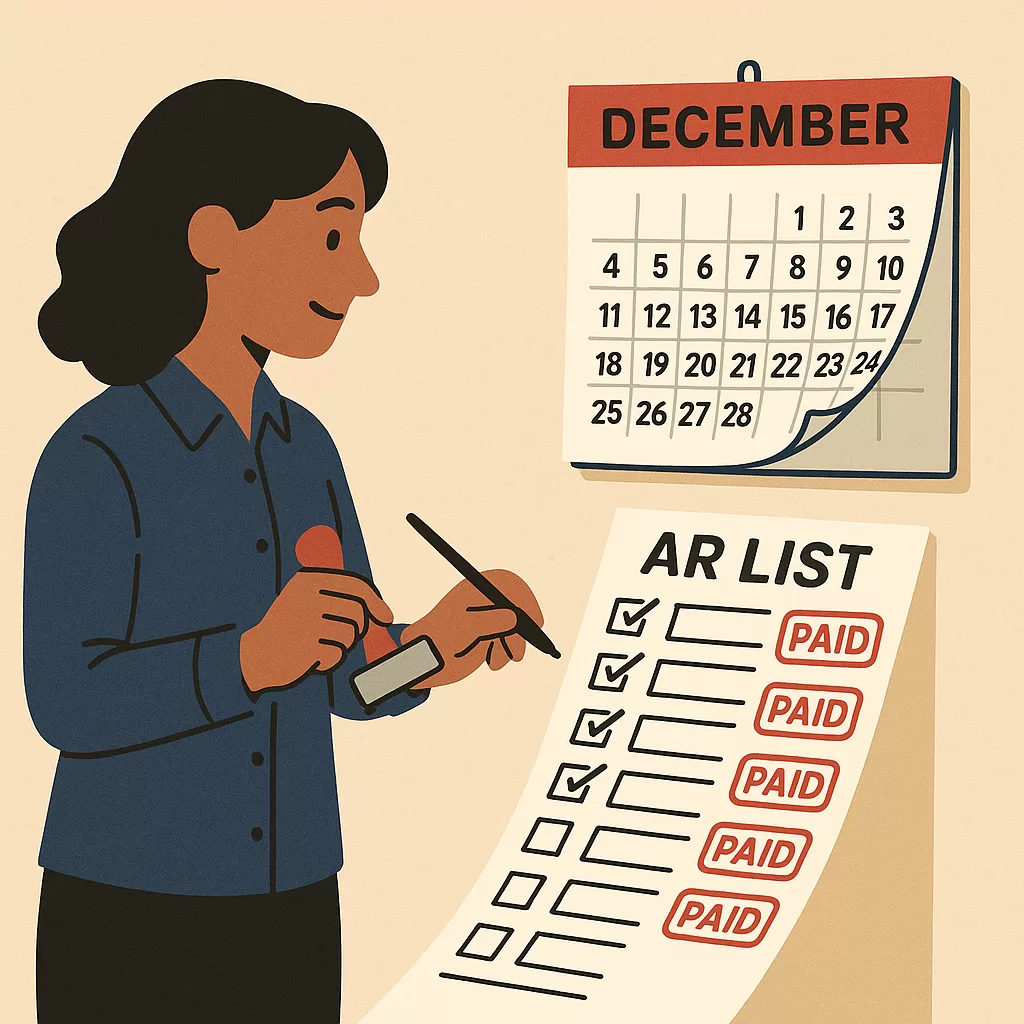 A staff member completing AR tasks before the year ends to boost Q1 cash flow.