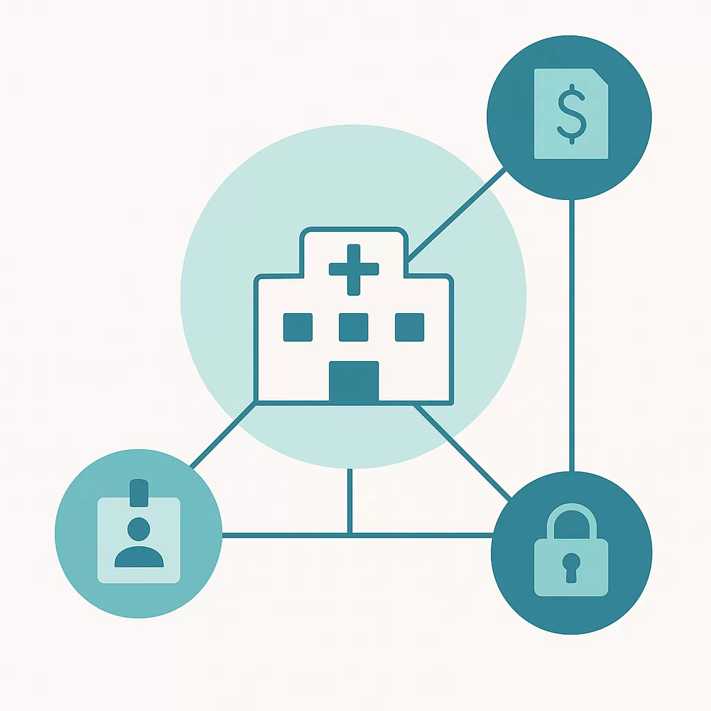 Abstract illustration showing a clinic connected to billing, credentialing, and IT vendors through secure links