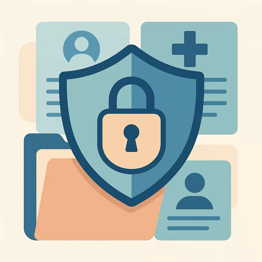 Abstract shield and lock over patient records symbolizing HIPAA safeguards and BAAs.