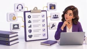 Healthcare Operations & Practice Management Blog | Integral Clinic Solutions 8 Medical practice vendor management illustration showing vendor oversight, performance monitoring, security, and operational responsibilities.