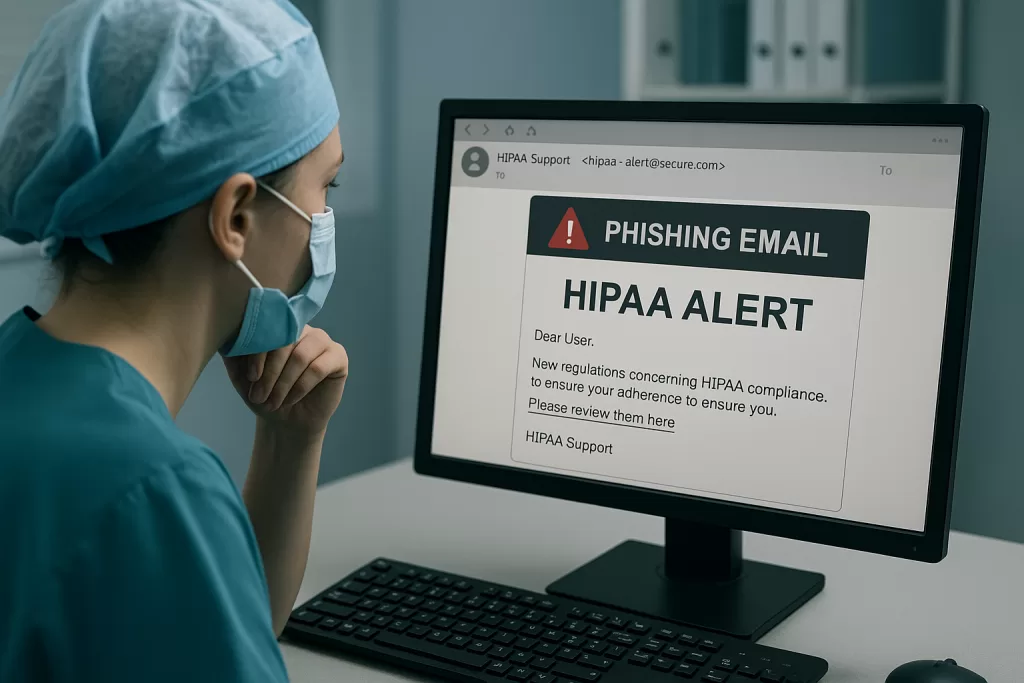 Illustration showing a healthcare staffer encountering a phishing scam disguised as a compliance alert during Q4.