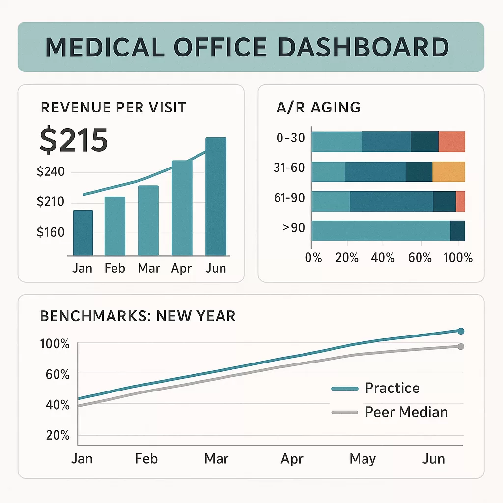 A healthcare administrator reviews performance metrics and strategic benchmarks on a clinic dashboard.