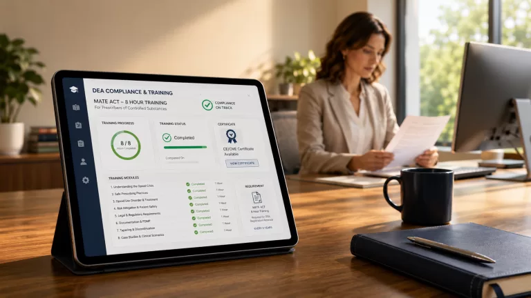 A premium medical administration desk featuring a tablet compliance log for the DEA 8-hour training requirement, with a healthcare professional reviewing files in the blurred background.