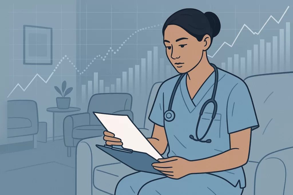 Illustration of a home health clinician visiting a patient, symbolizing the impact of CMS home health proposed rule 2026.