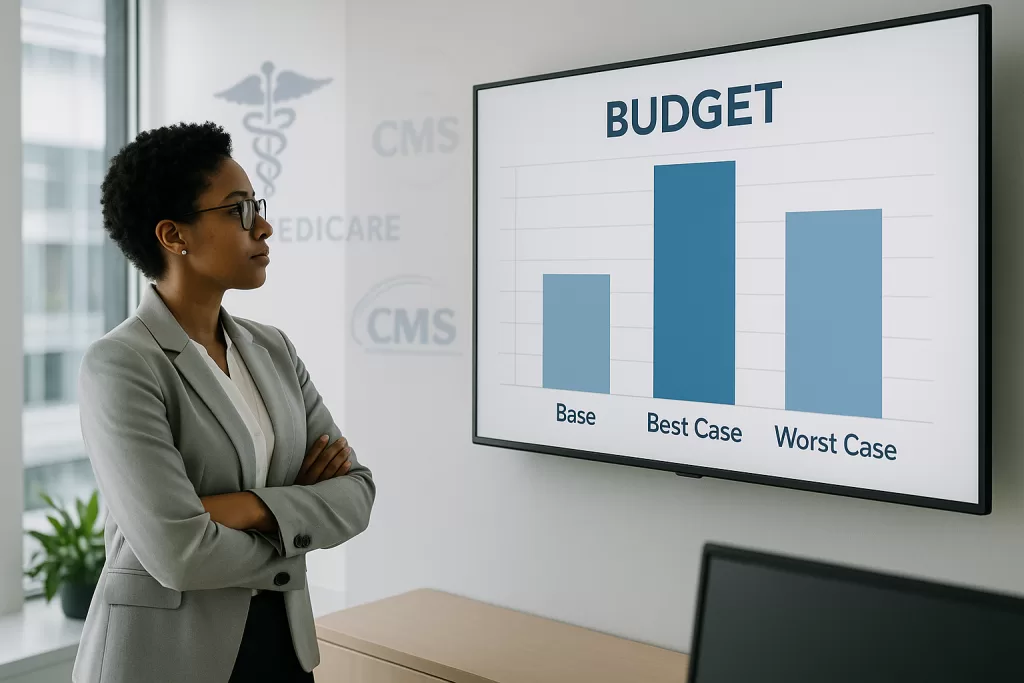 Agency director reviewing financial budget scenarios for 2026, comparing base, best, and worst-case Medicare home health reimbursement cuts.