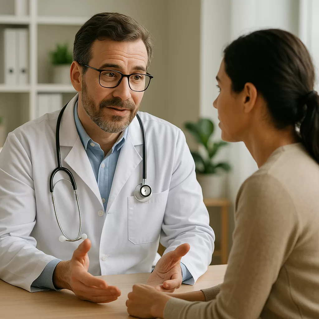 Doctor calmly explaining treatment options to a patient while showing empathy and maintaining eye contact.