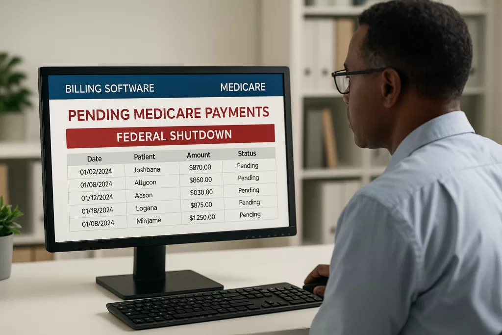 Healthcare administrator viewing billing software showing pending Medicare payments during a federal shutdown.