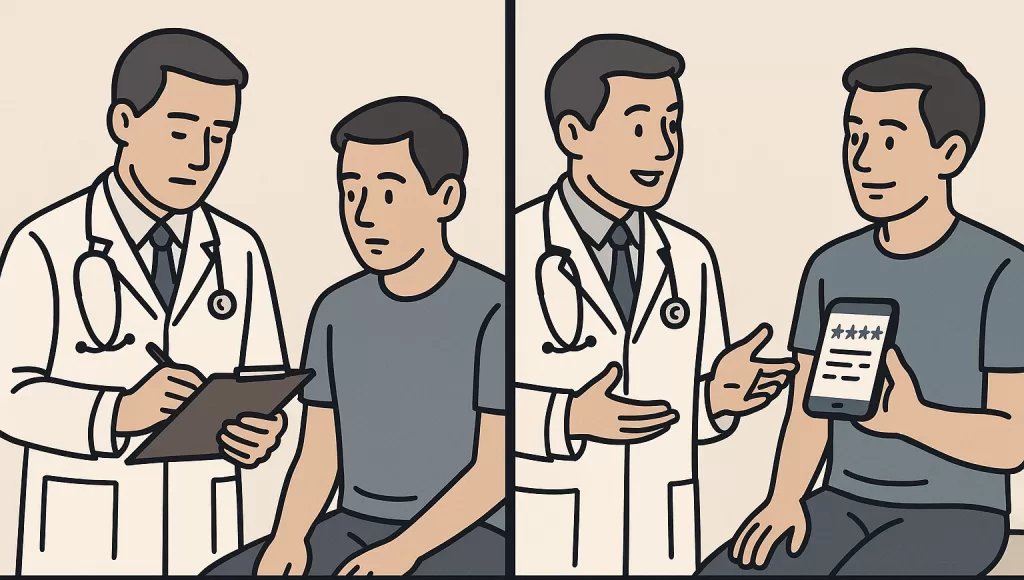 Side-by-side comparison showing traditional patient experience versus modern patient expectations in healthcare.