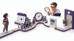 Healthcare Operations & Practice Management Blog | Integral Clinic Solutions 7 Patient Satisfaction illustration showing a patient moving through scheduling, waiting, and communication checkpoints while a practice administrator reviews operational bottlenecks.