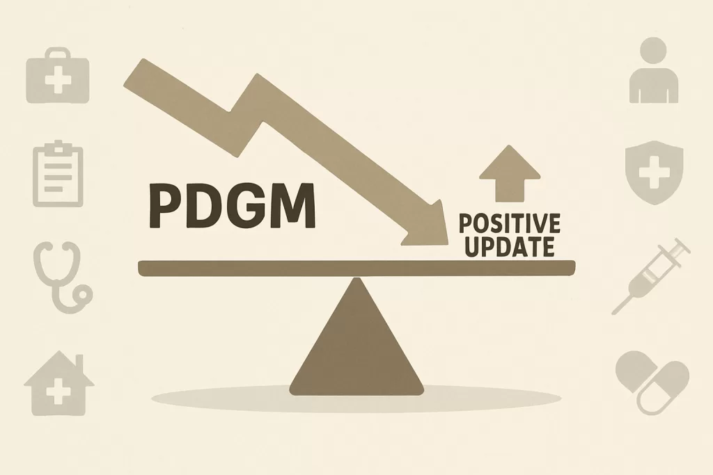 Visual representation of the PDGM adjustment 2026 with arrows showing permanent rate reductions in Medicare home health payments.