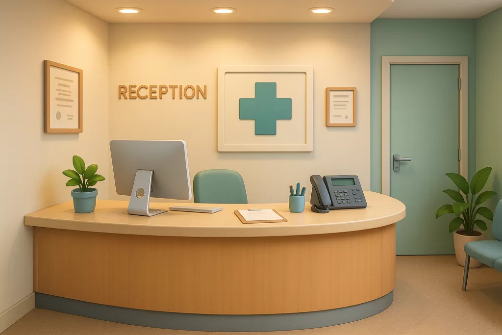 Medical office reception desk that is clean, organized, and free of visible patient information, warm inviting lighting, subtle pastel colors, Pixar-like polished visual clarity.
