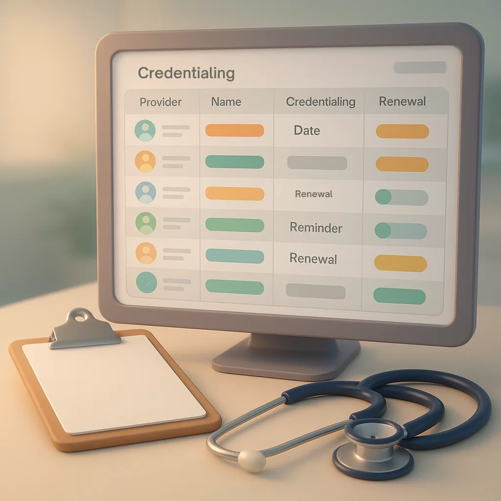 A credentialing tracking sheet displayed on a laptop beside medical office supplies, symbolizing organized provider license and DEA renewals.