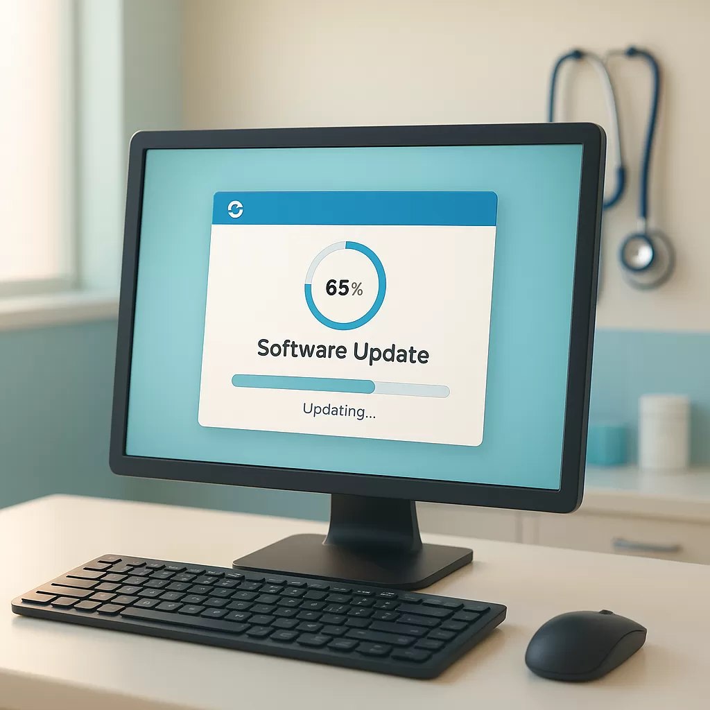 A computer in a medical exam room showing an EHR software system update, emphasizing technology maintenance in a medical practice.
