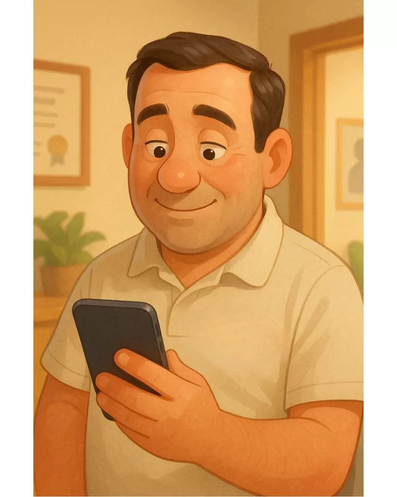 A patient reviewing an appointment and insurance update message through a medical practice portal on a mobile phone.