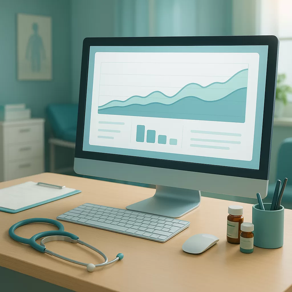 A computer workstation in a medical office showing charts and financial performance metrics, representing year-end financial review for medical practices.
