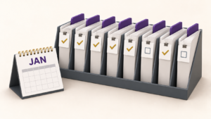 File organizer and January calendar representing year-end medical practice planning.