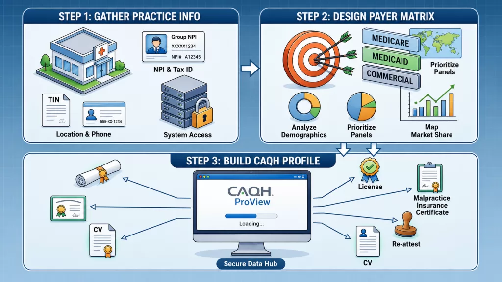 The 7 Steps of the Credentialing Process: A Guide to Faster Enrollment 2 An infographic detailing the initial phases of the provider enrollment lifecycle, highlighting the first three steps in the credentialing process: step one, gathering foundational practice information; step two, designing the target payer matrix; and step three, building a complete CAQH ProView profile.