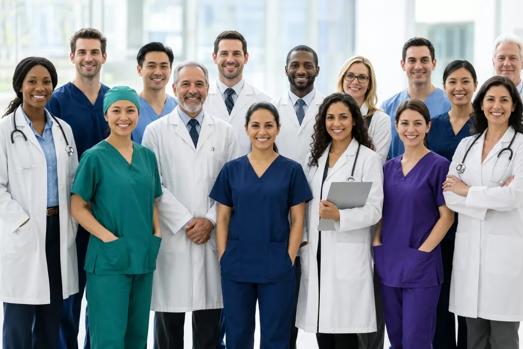 The 7 Steps of the Credentialing Process: A Guide to Faster Enrollment 1 Group portrait of diverse medical and administrative professionals standing together in a brightly lit modern clinic hallway. The team includes male and female doctors in white coats, a nurse in blue scrubs holding an orthopedic knee model, a healthcare manager holding a tablet, and a dental provider holding an anatomical model of teeth, representing the various specialties requiring provider enrollment.
