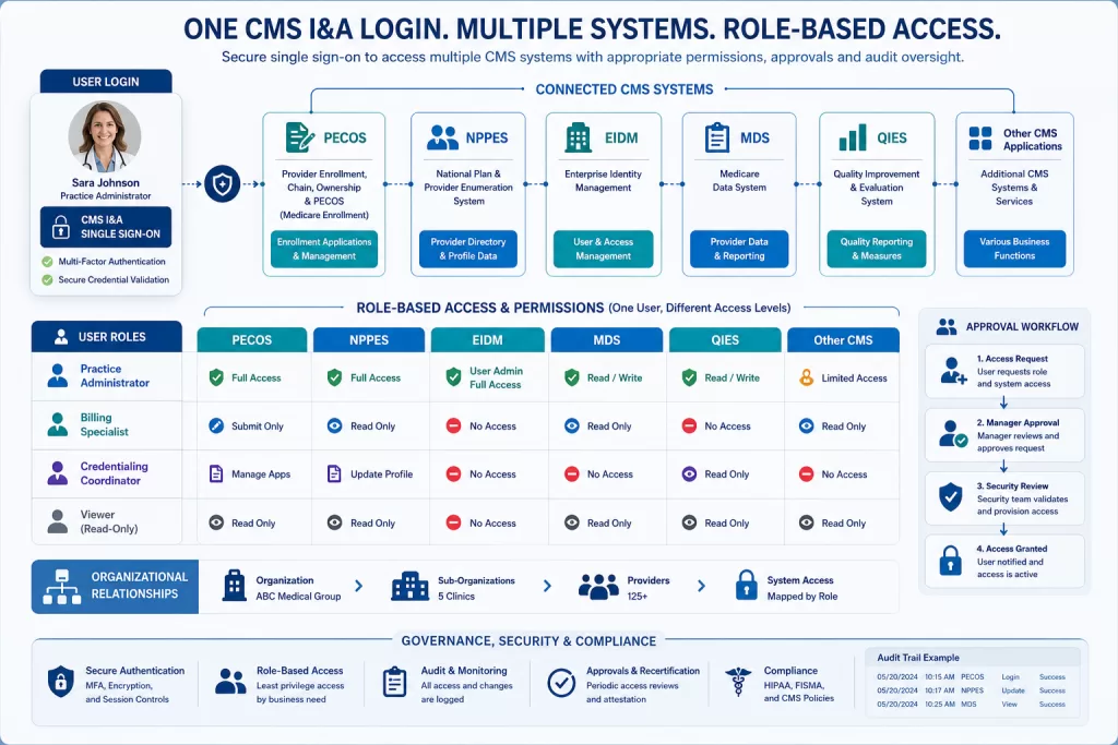 Critical CMS Identity and Access Management System Workflows for Provider Enrollment 3 Infographic showing separate CMS I&A permissions and approvals across PECOS, NPPES, and connected Medicare systems.