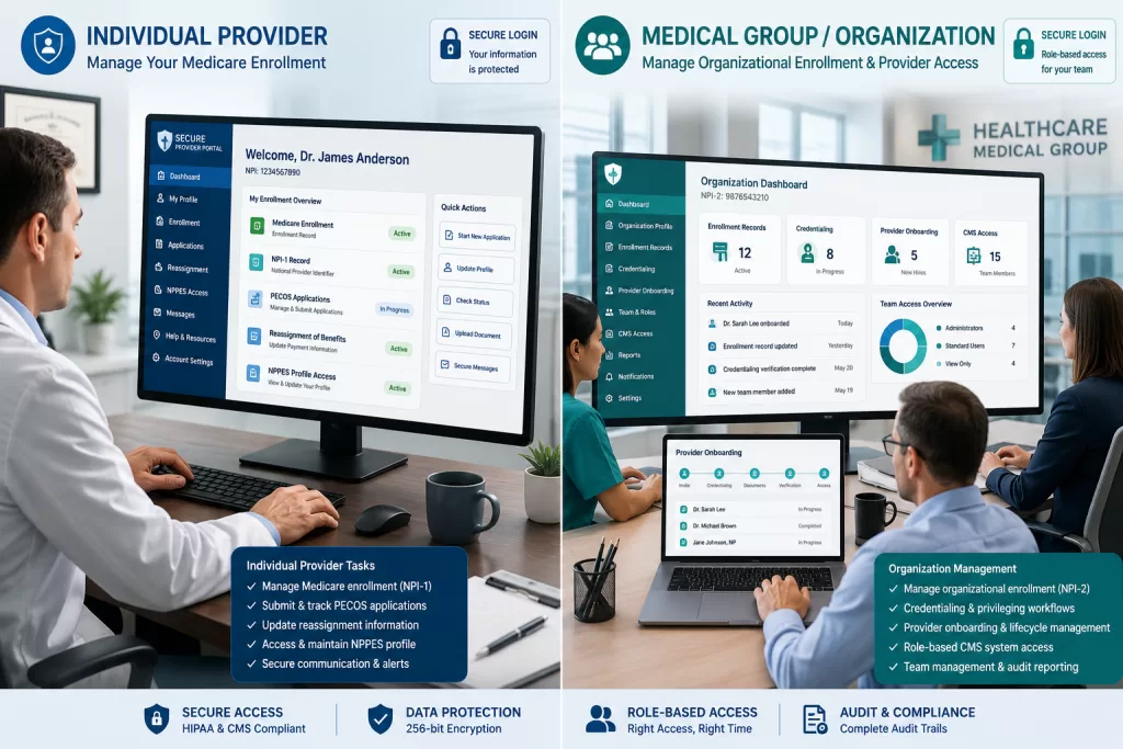 Critical CMS Identity and Access Management System Workflows for Provider Enrollment 2 Healthcare illustration comparing individual provider CMS I&A access management with organizational medical group enrollment and credentialing workflows.