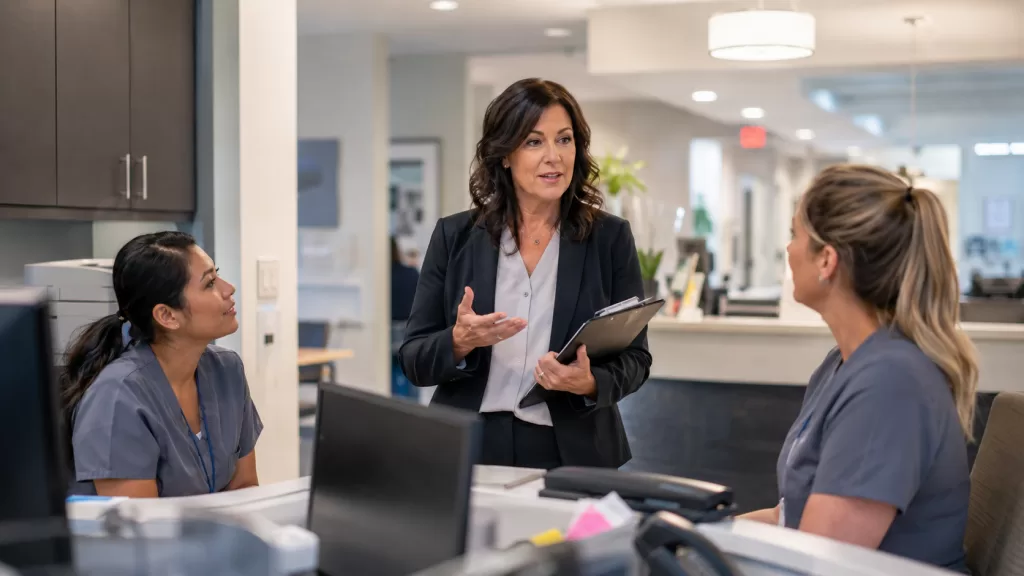 Medical Practice Staff Accountability Without Creating Burnout or Turnover 2 Medical practice leadership team having a collaborative accountability discussion in a calm healthcare office environment.