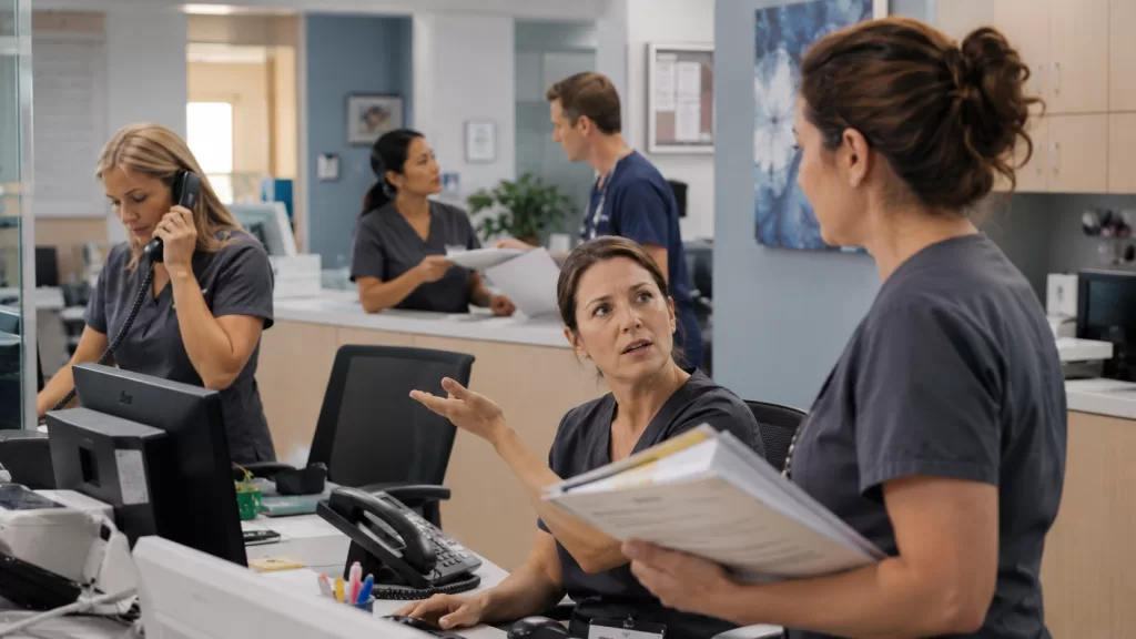 Medical Practice Staff Accountability Without Creating Burnout or Turnover 1 Healthcare administrative staff working in a busy medical practice environment with subtle workflow confusion and communication disconnect.