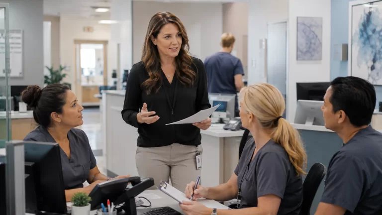 Medical Practice Staff Accountability leadership and team communication inside a modern healthcare office environment.