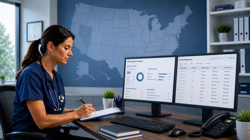 DEA License Requirements and Compliance for Medical Practices 1 Healthcare provider managing multi-state DEA registration and prescribing compliance workflows